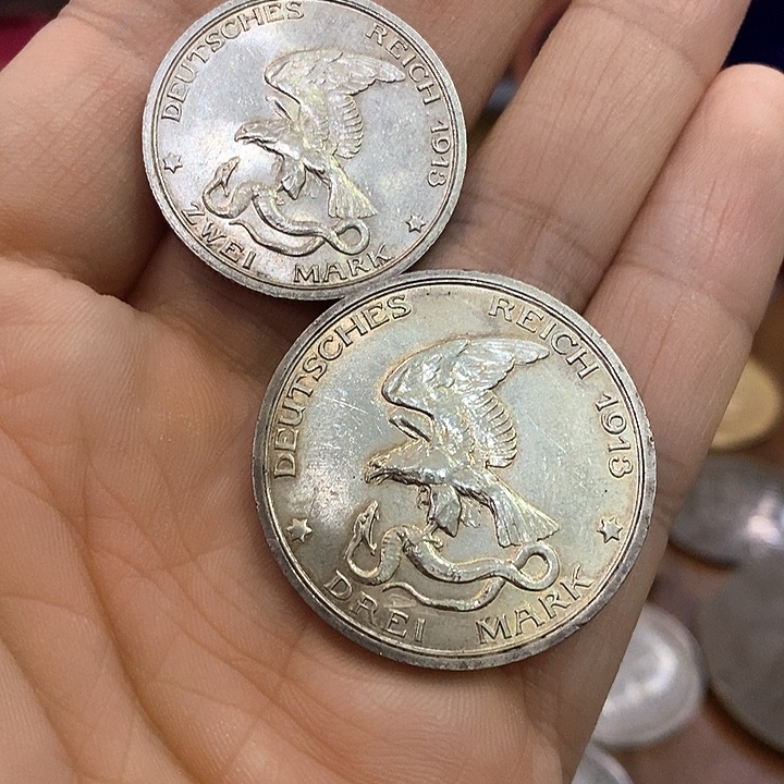 银Ag900原光普法战争纪念银币一对1913