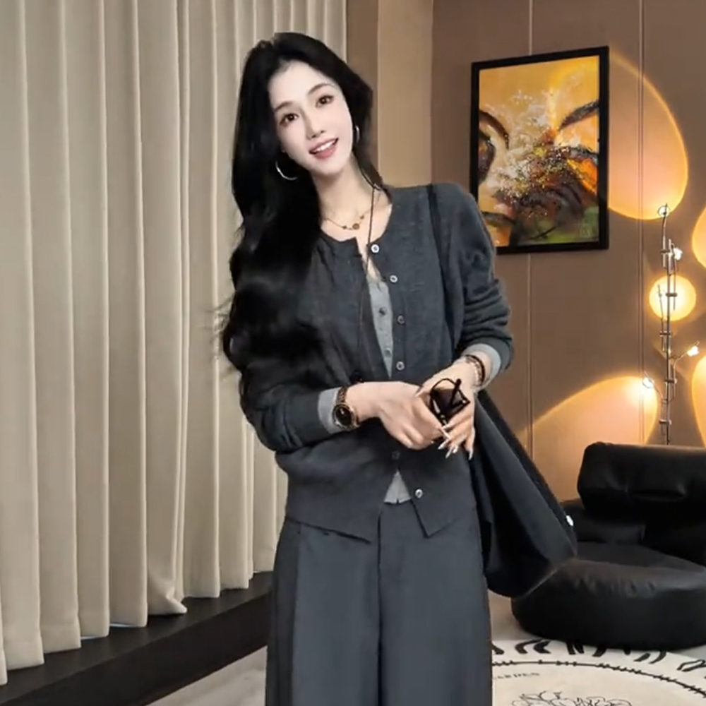 拉夏贝尔时尚针织衫2025秋季新款韩版气质拼接假两件针织开衫