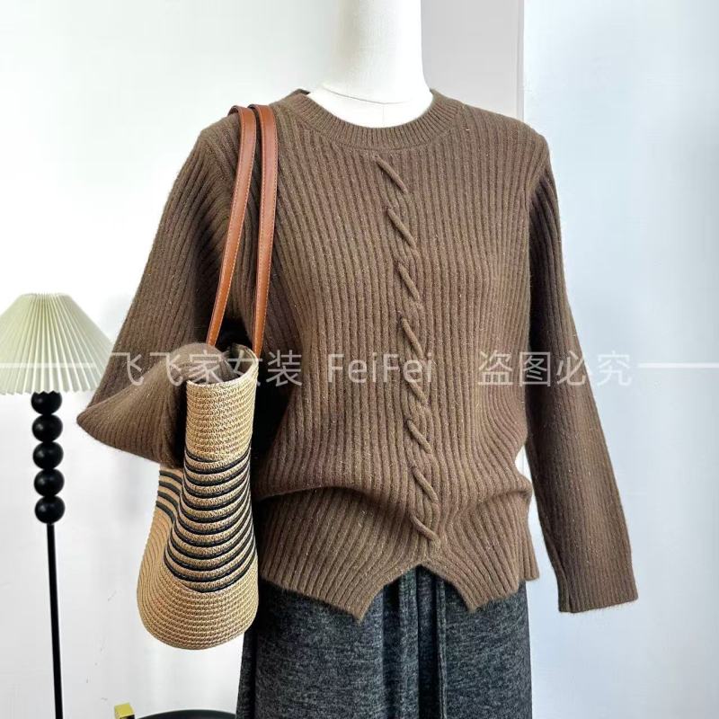 飞飞家1扭扭竖坑条！！品牌订单~极简风高级感#毛衣显瘦女T129咖