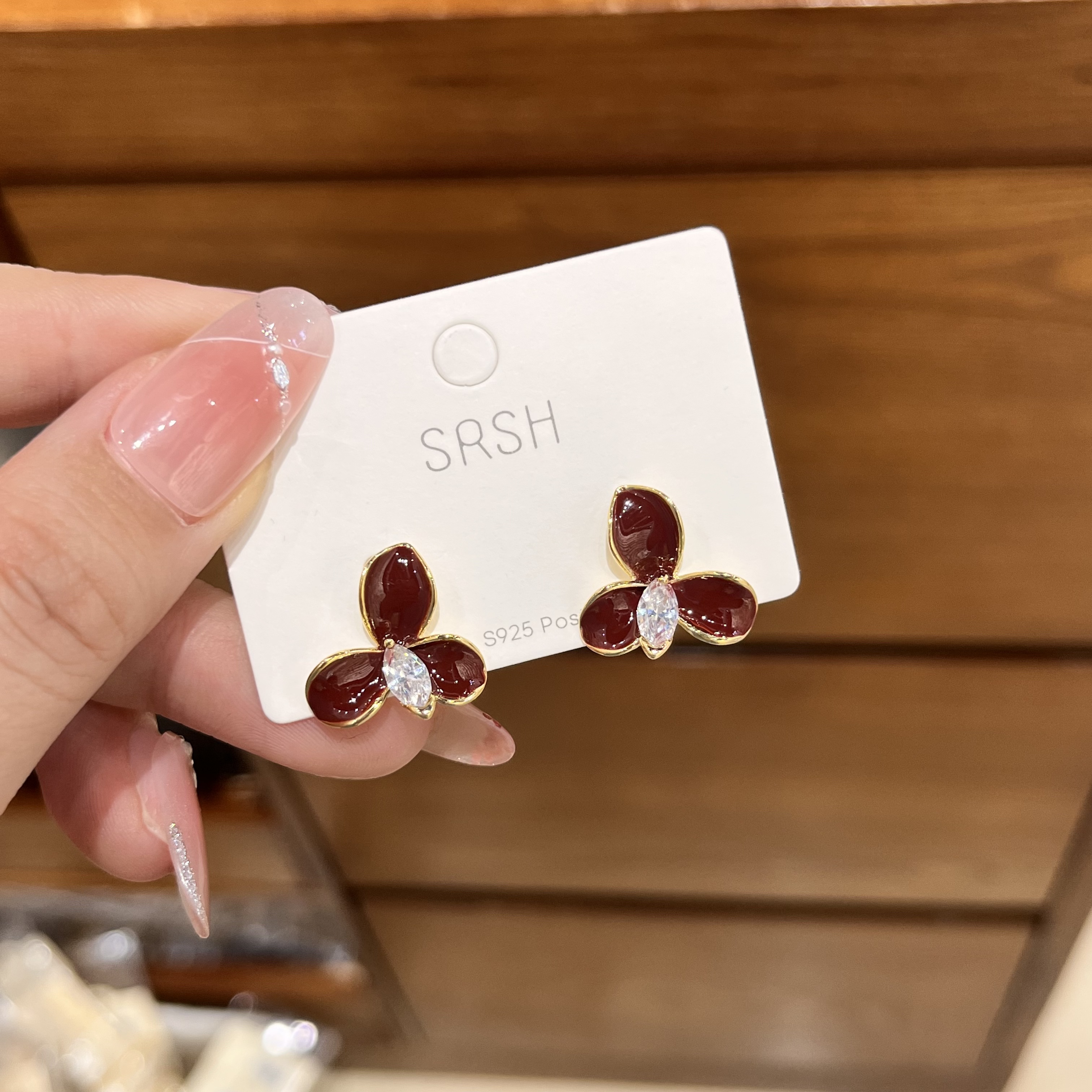 铜合金树脂耳饰 gf 红色小花耳饰可爱优雅耳环