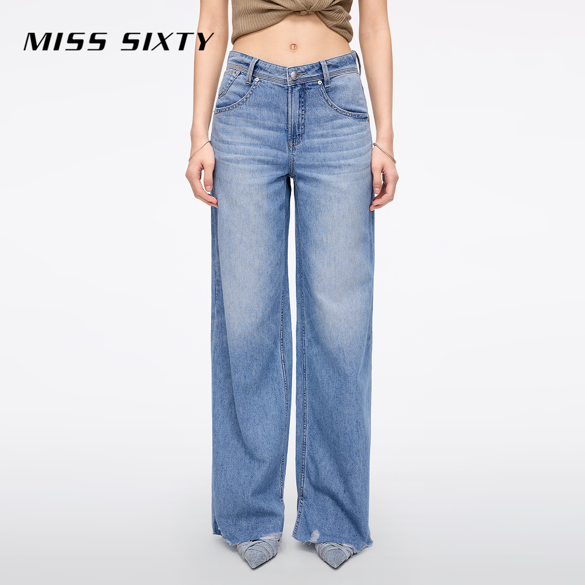 Miss Sixty2025夏季新款牛仔裤女含汉麻复古磨破开衩广角裤阔腿裤