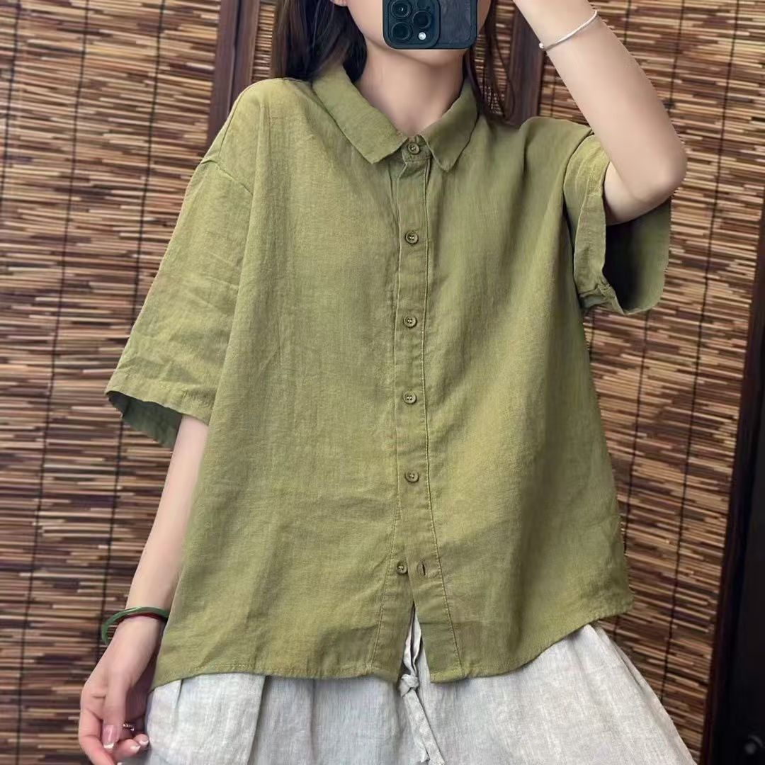 棉麻衬衫夏季新款文艺复古风气质通勤纯色百搭翻领宽松短袖XK32