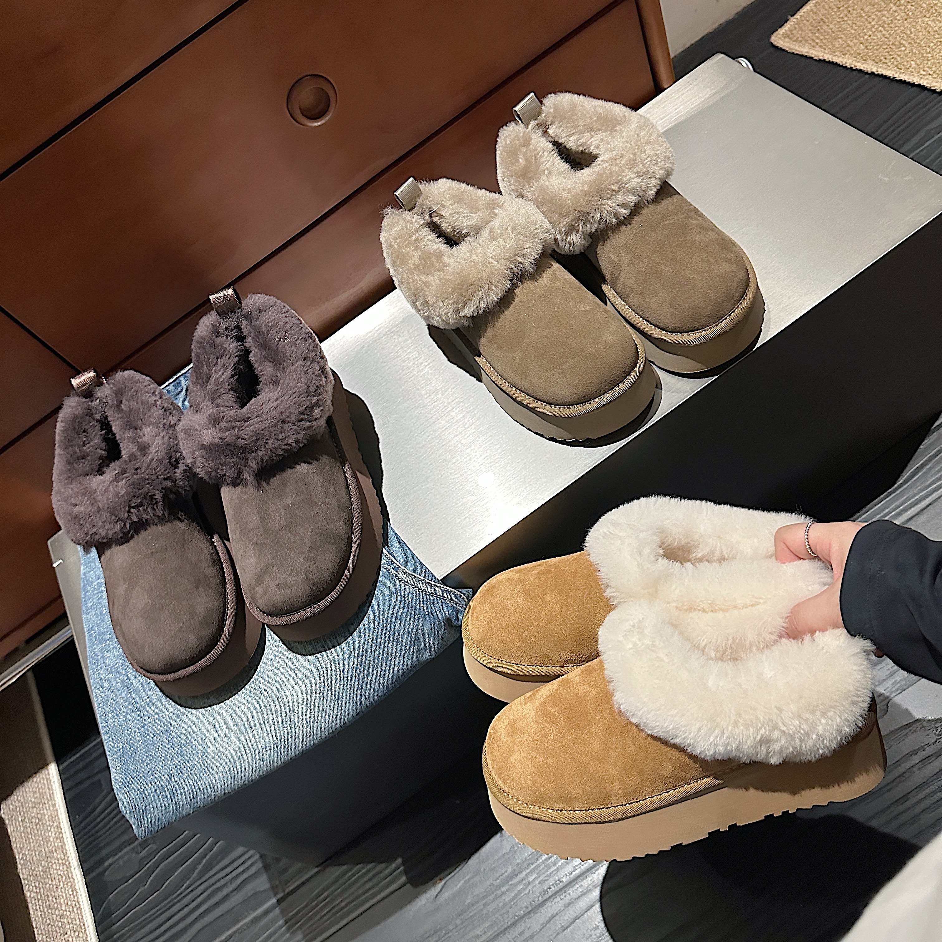 TS/TS靴子女2025秋冬新款厚底复古简约百搭加绒套脚保暖雪地靴