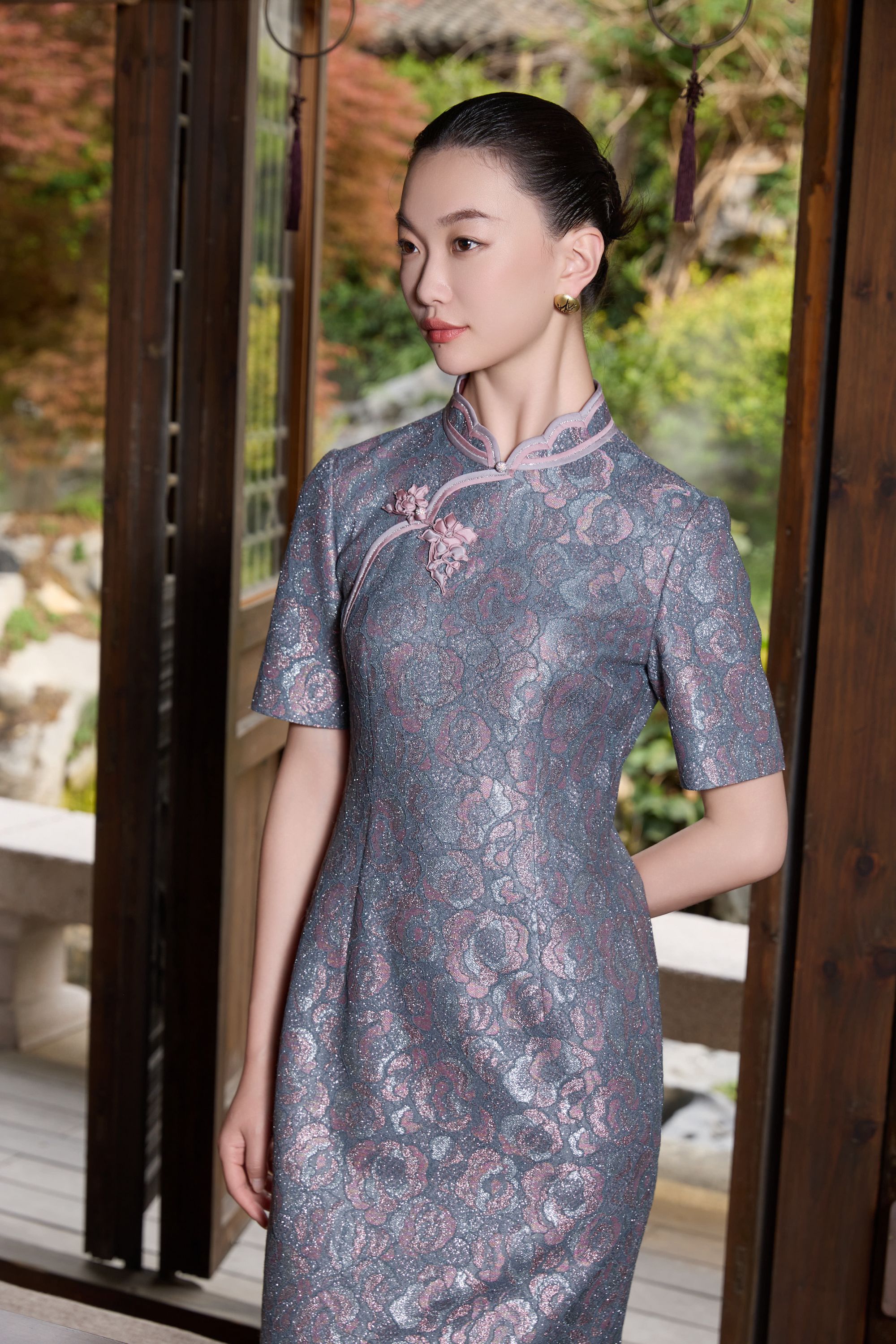 朱紫褕170556旗袍裙/灰粉色/五分袖/蕾丝/复古/中国风/时尚