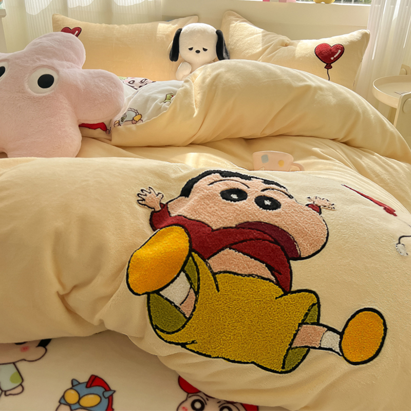 冬季牛奶绒床上四件套加厚双面珊瑚绒被套蜡笔小新儿童床单三件套
