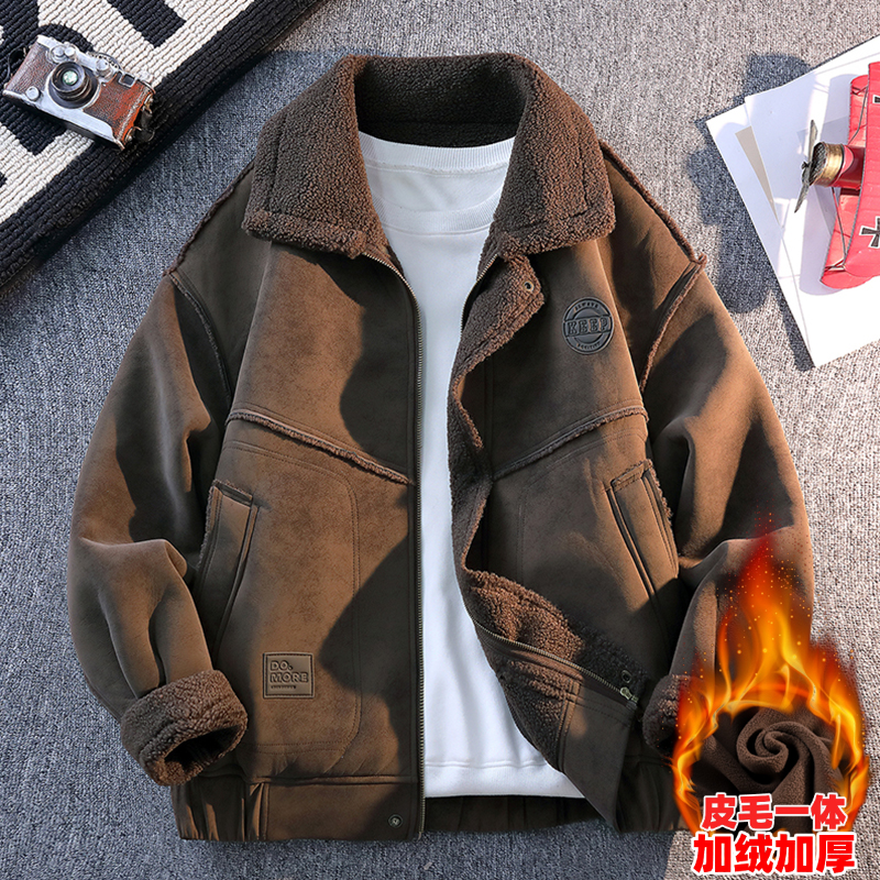 男夹克冬季外套休闲夹克上衣潮流加厚皮夹克保暖韩版皮毛一体翻领
