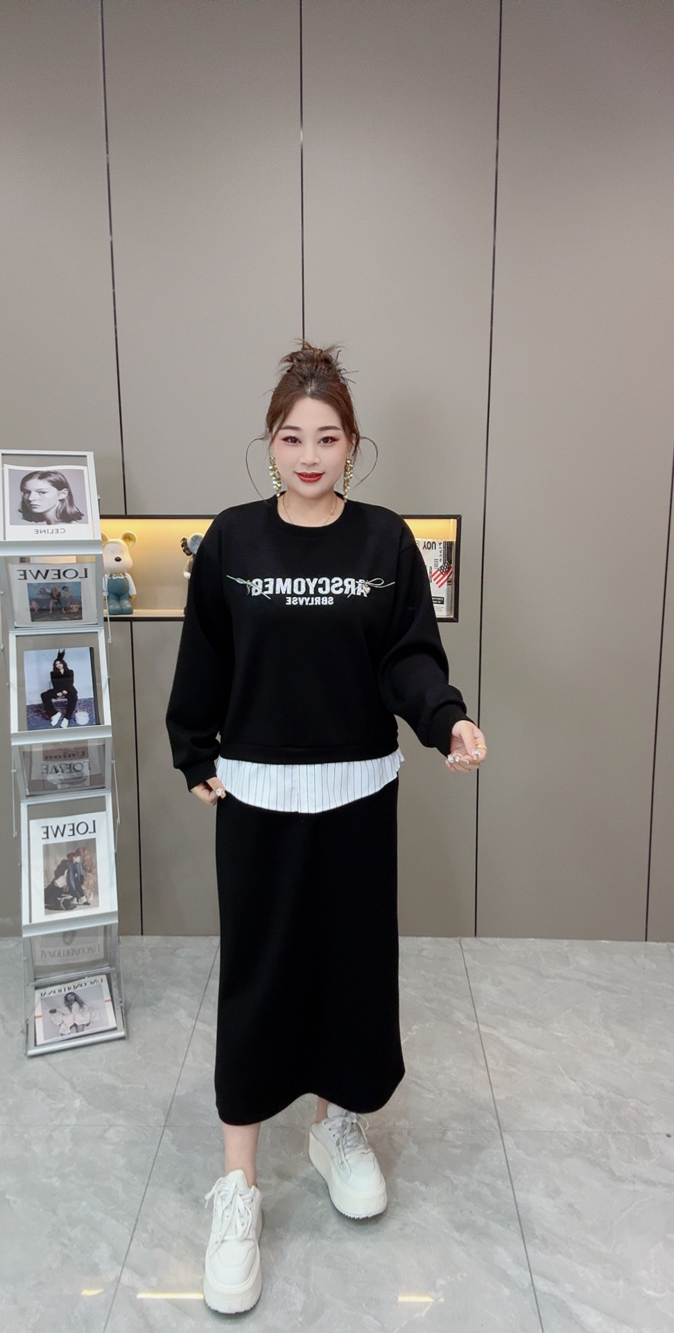  【两件套】早春休闲欧货高品假两件字母大码卫衣女套裙 上衣➕半裙