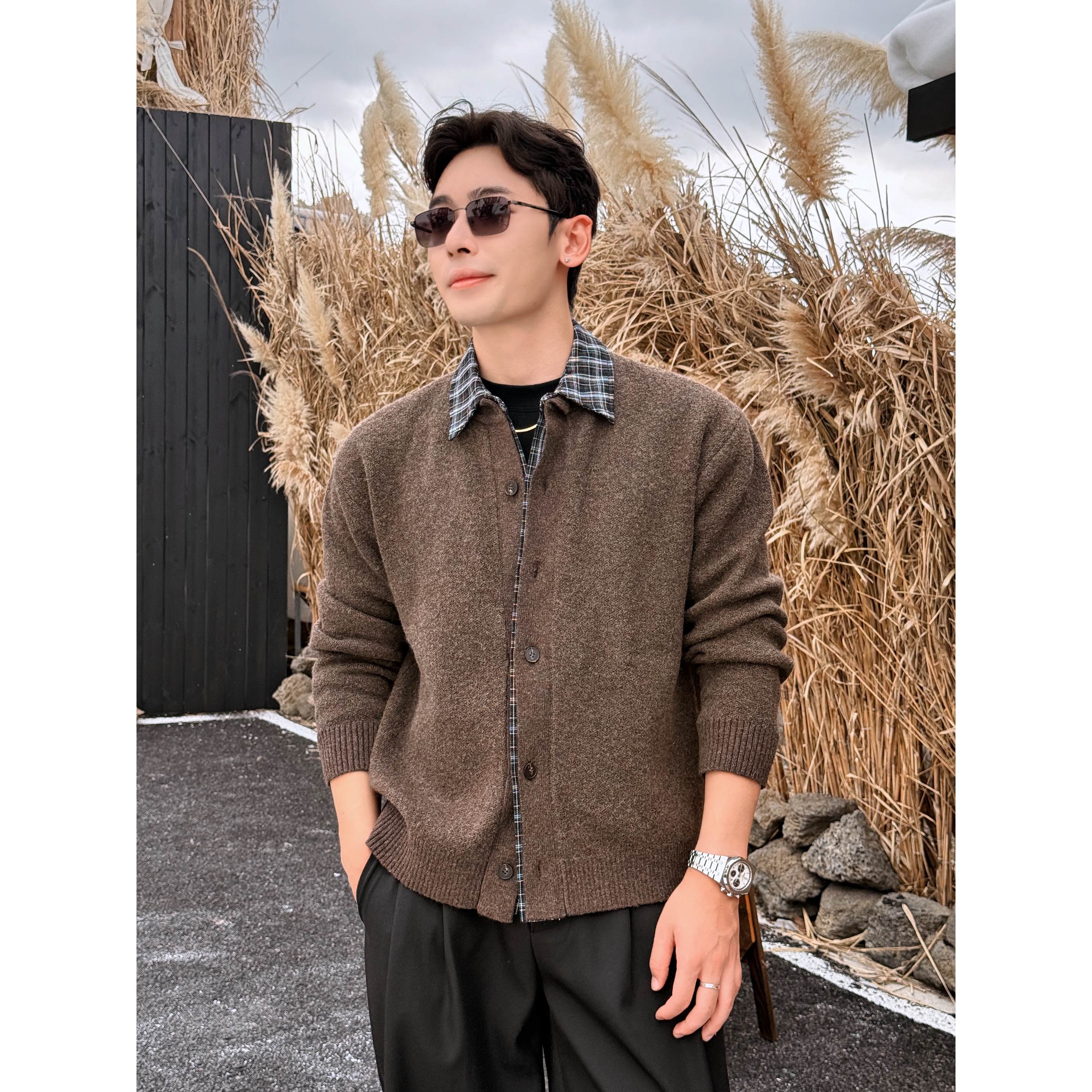 韩系氛围感「羊毛混纺」秋冬格纹拼接假两件开衫复古针织外套男 A85