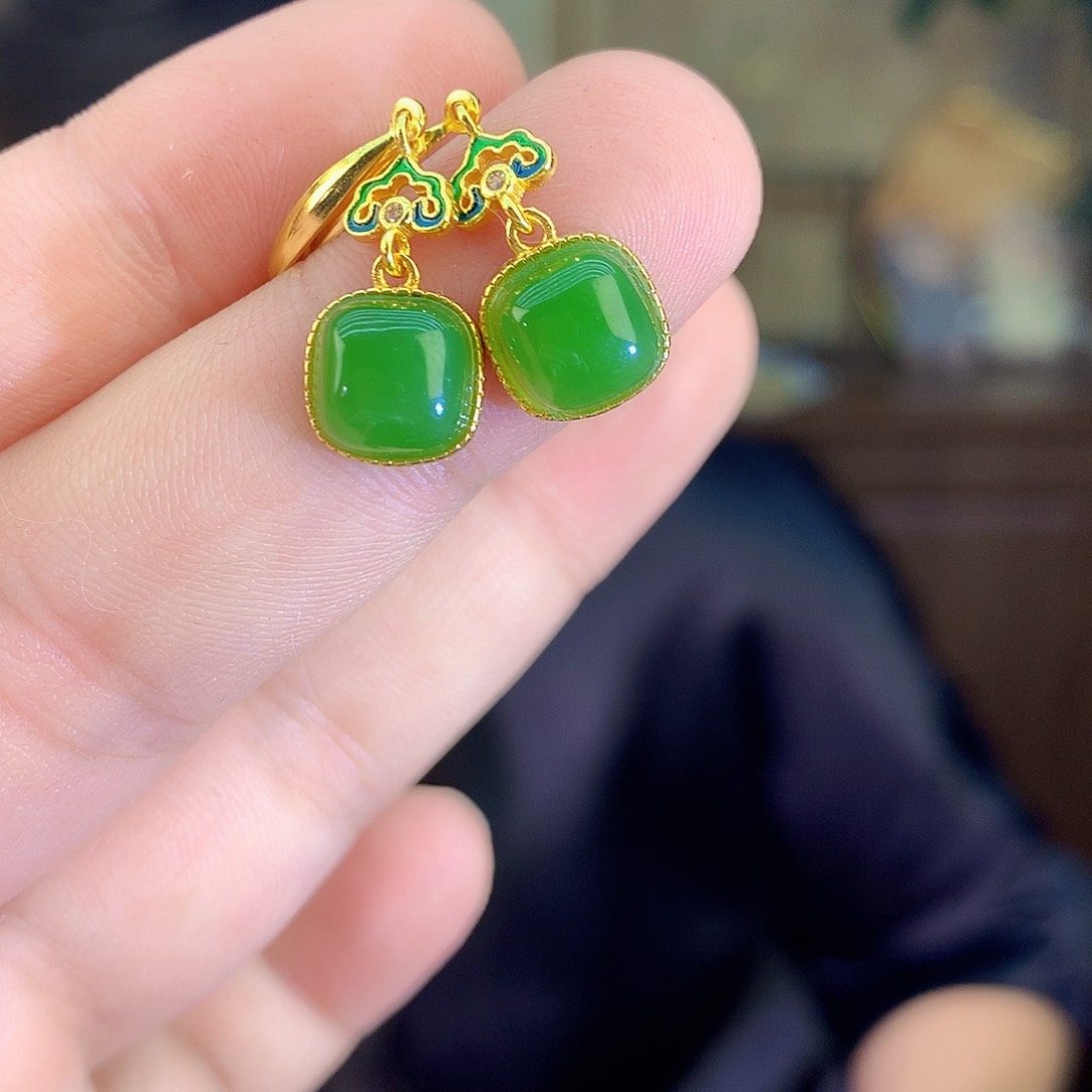 吊坠(不含链)银S925镶嵌和田玉（碧玉）耳饰