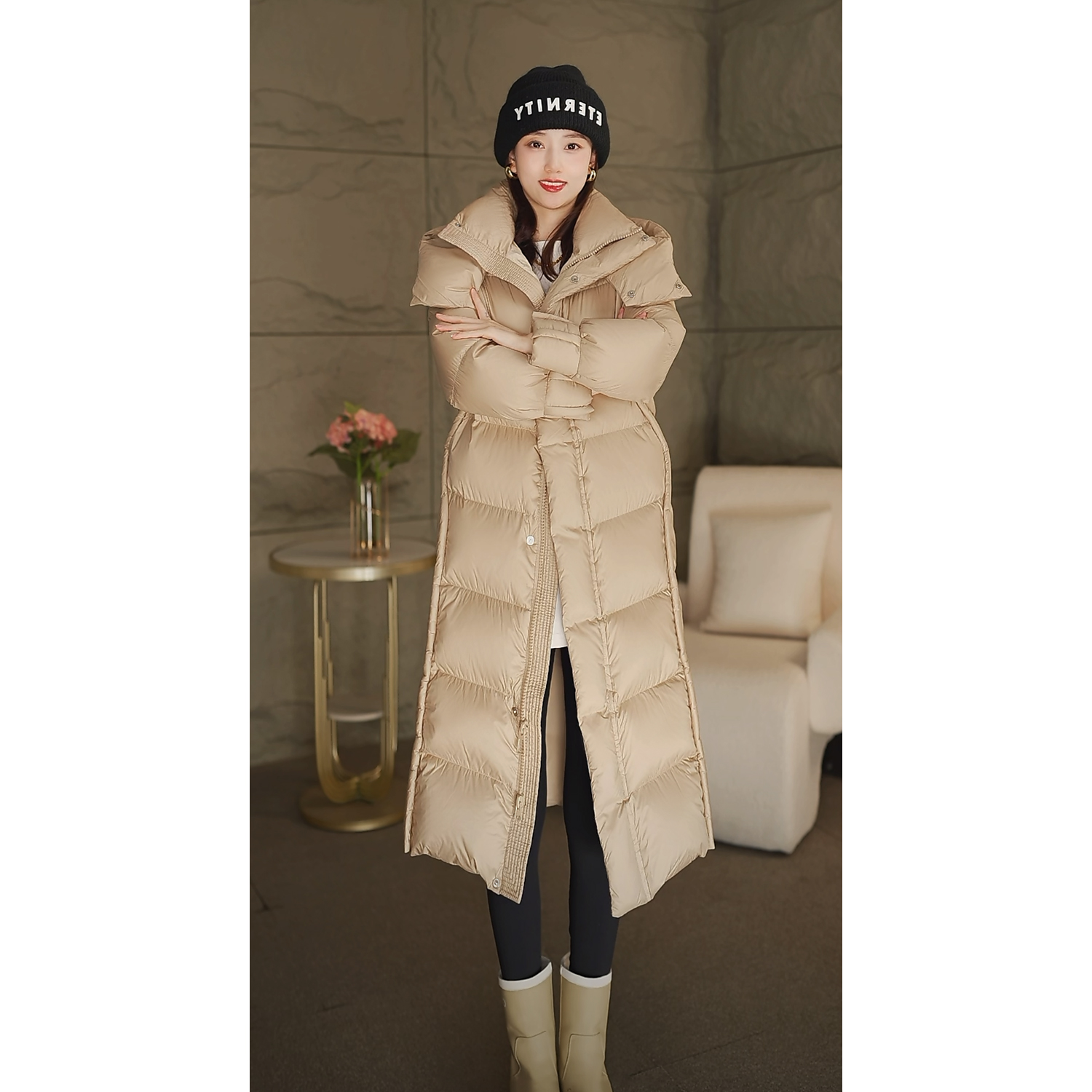 冬季新款高奢90白鸭绒羽绒服女时尚显瘦中长款连帽加厚连帽外套