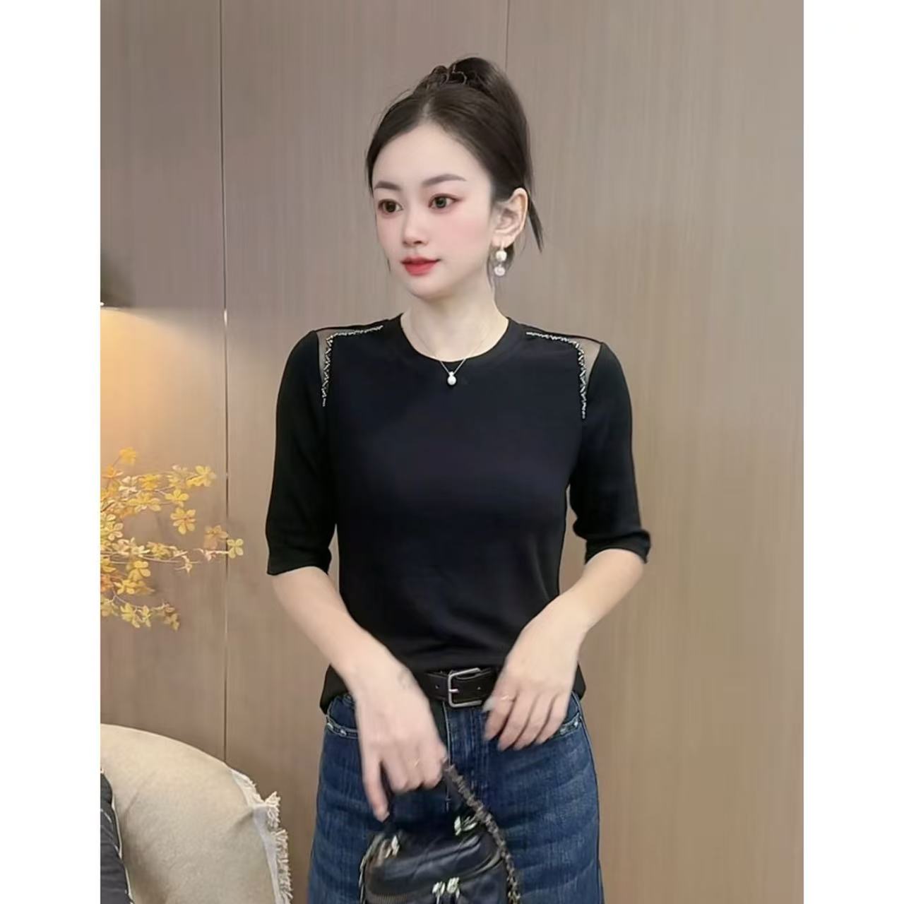 【6886】新品时尚洋气钉珠千金风常修身显瘦百搭上衣