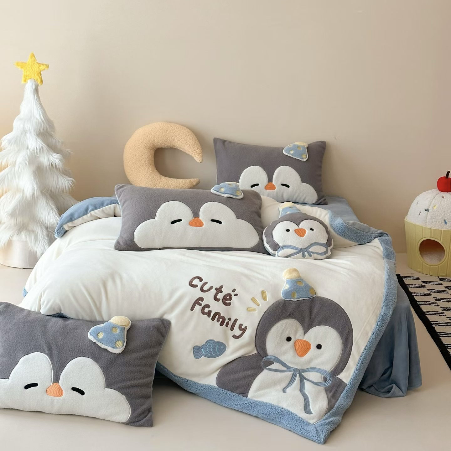 小温暖小企鹅高克重双面牛奶绒四件套冬季加厚牛奶绒被套加绒床单