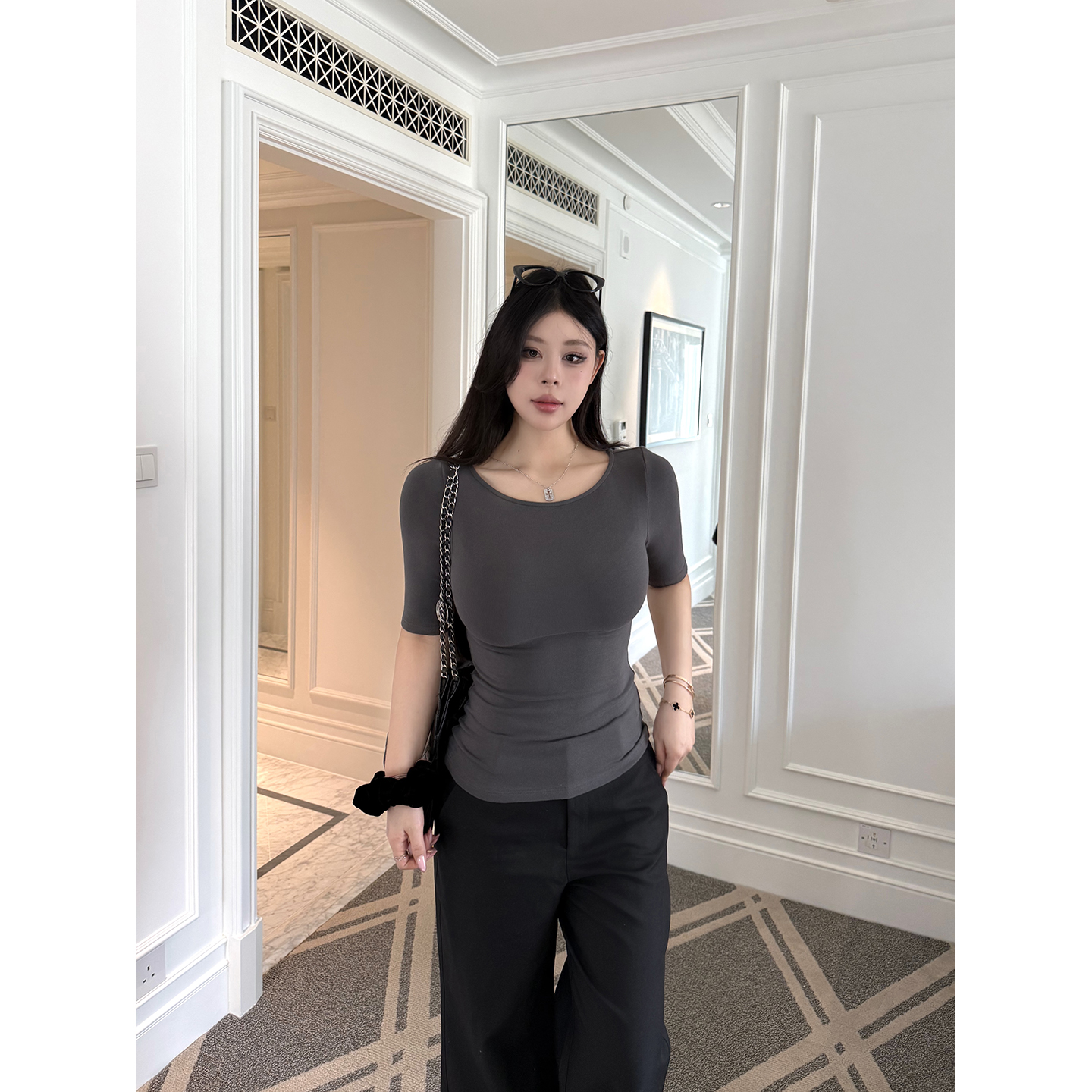 黑泽玄七《高智mvp》夏秋船领显瘦通勤约会百搭亲肤弹力中袖上衣女