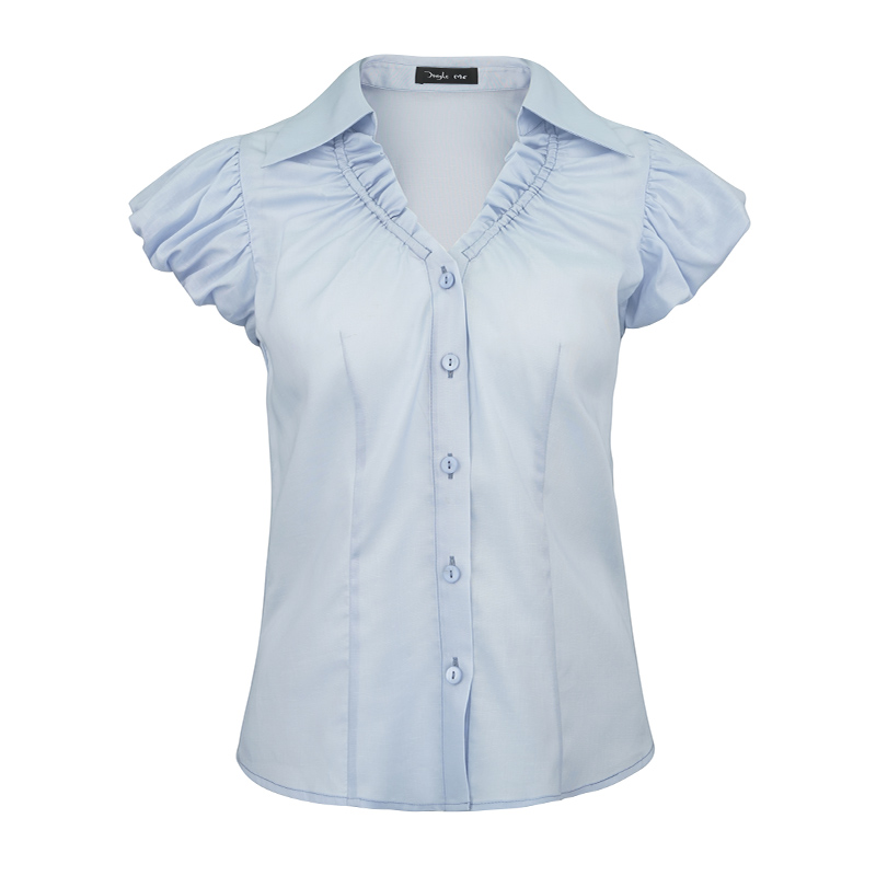 JUNGLE ME蓝色V领复古短袖衬衫收腰显瘦设计感上衣小飞袖气质百搭