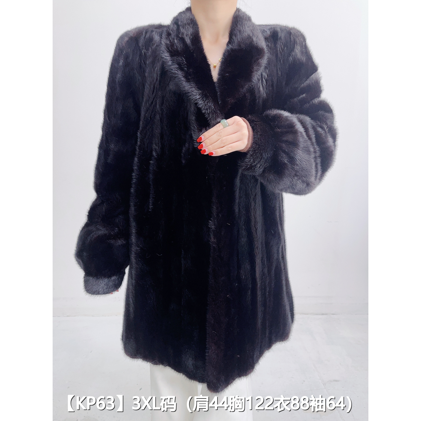 【KP63】3XL 红黑色中长款逆毛水貂毛外套女 翻领泡泡袖 38063