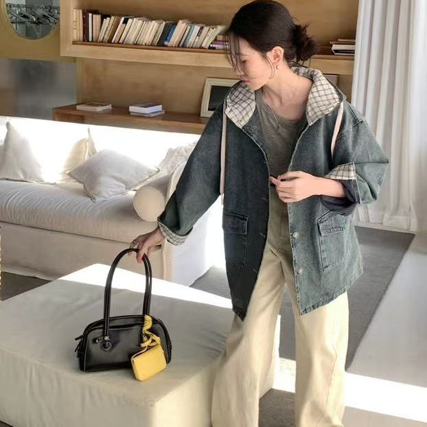 有内衬时尚个性拼接牛仔外套女宽松休闲百搭连帽双口袋上衣潮H34