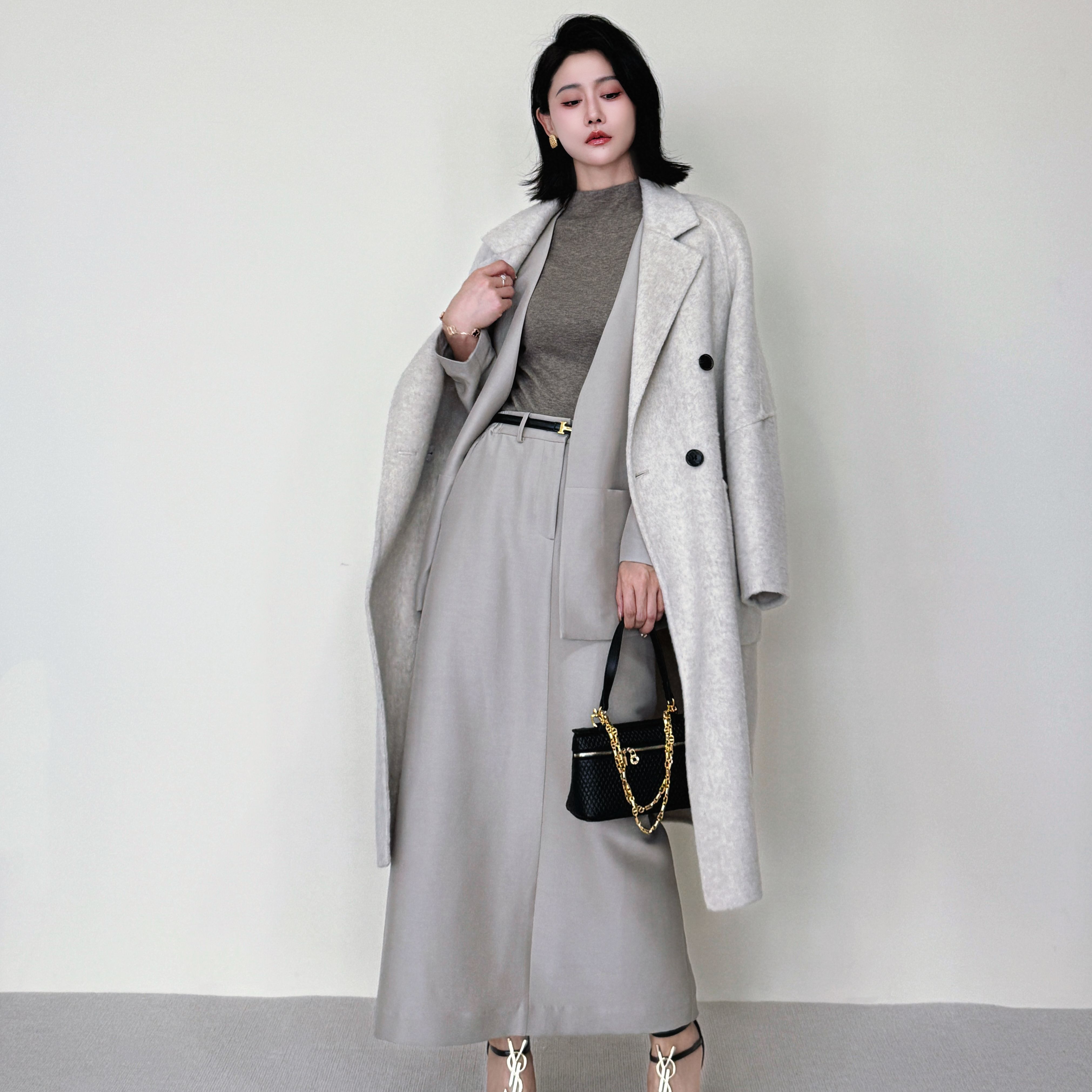 Es.周七极简无领浅青半裙西装套装25AWA9155