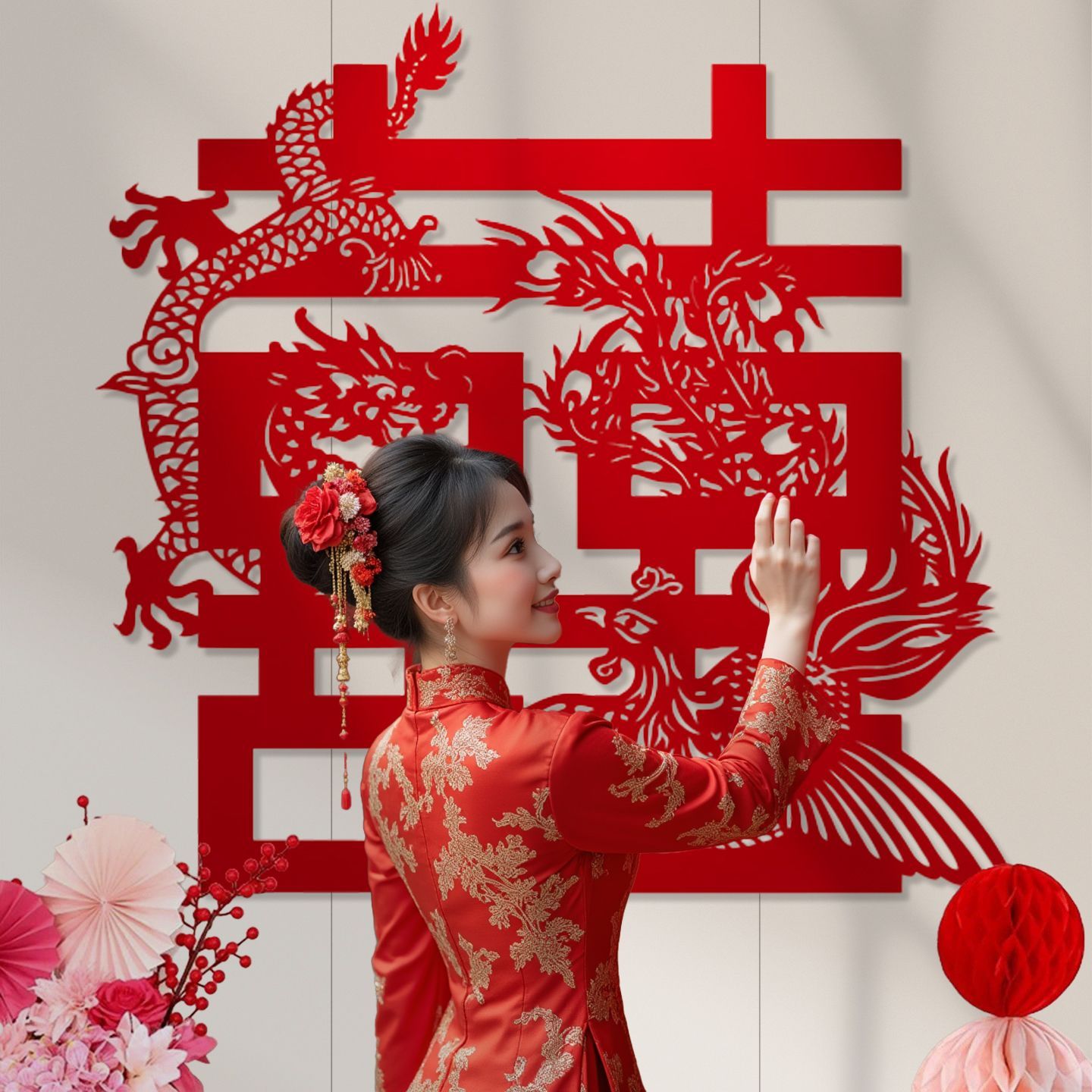 大喜字拍照道具婚房布置装饰喜字贴结婚专用囍贴门床头晨袍背景墙