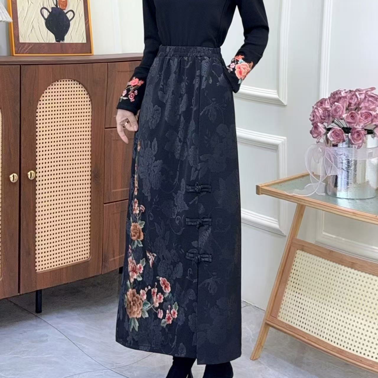 秋冬新款民族风重工刺绣松紧腰显瘦气质半身裙