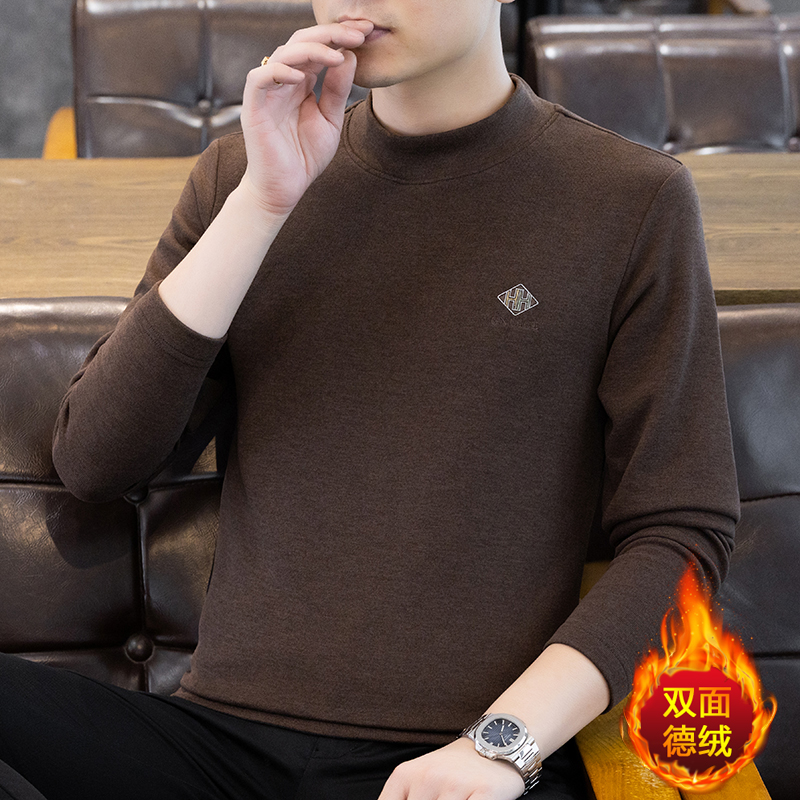 冬季新款男士半高领德绒打底衫修身潮流百搭双面绒长袖保暖上衣服