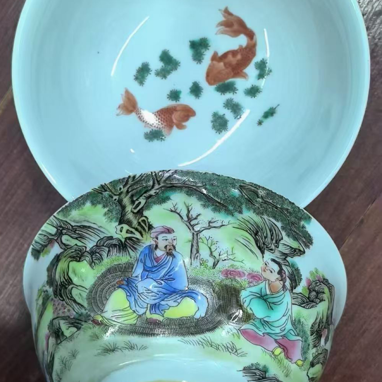 粉彩手绘两面功碗一对