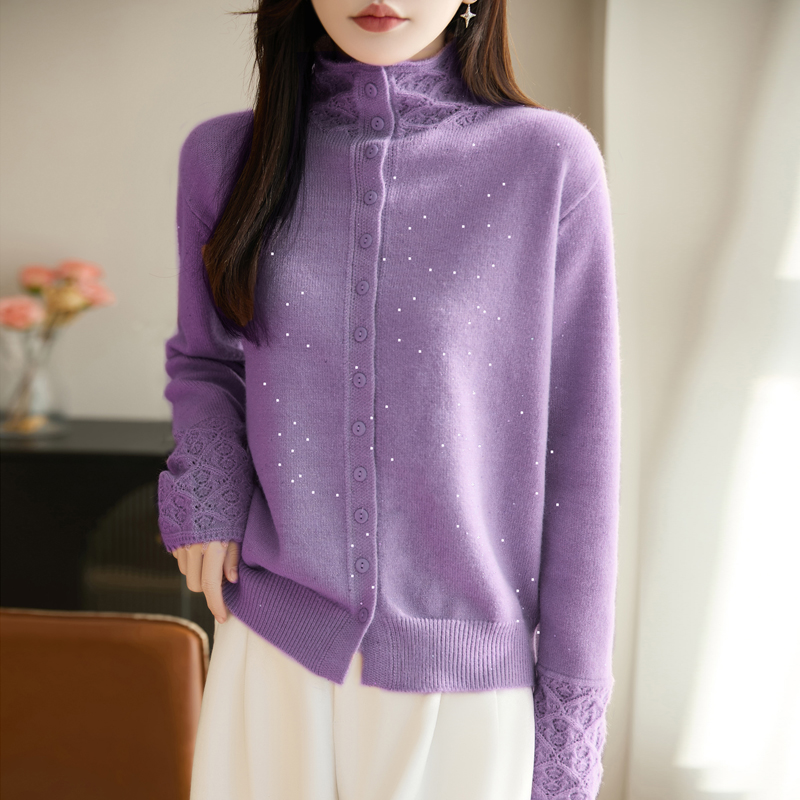 {年款更新}羊毛彩点纱镂空开衫 立领排扣肌理精致 柔暖舒适质感赞