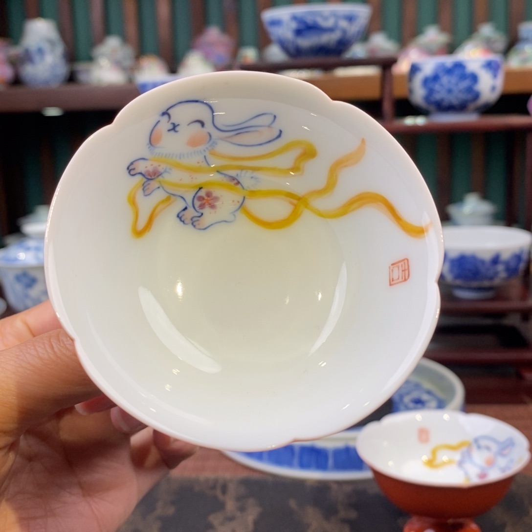 手工陶瓷柴窑新年红兔杯