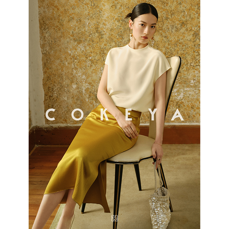 COKEYA/东欧长丝VISCOSE丝光锤纹醋酸包臀半裙EN2205314