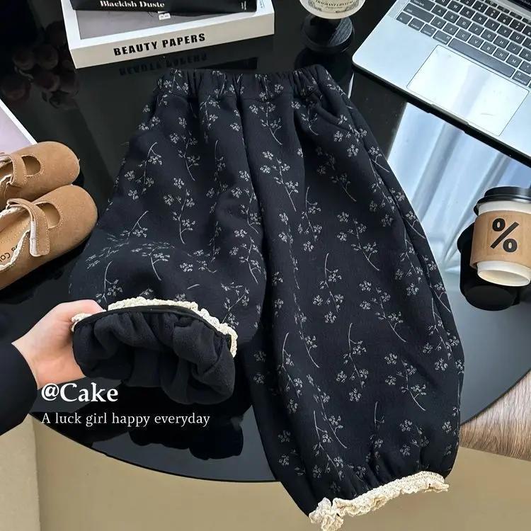 女童加绒裤子2025新款韩版女宝宝秋冬加绒加厚森系碎花休闲长裤潮