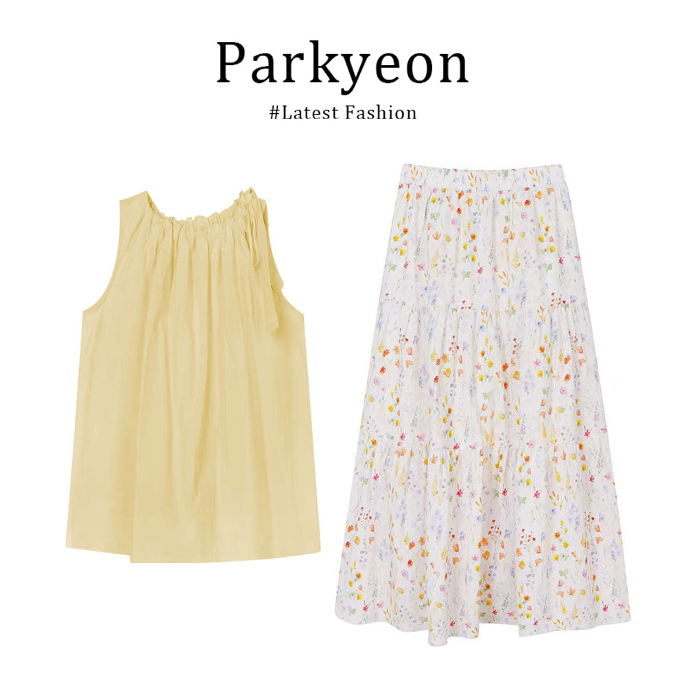 parkyeon无袖休闲上衣甜美温柔碎花伞裙宽松显瘦半身裙气质两件套
