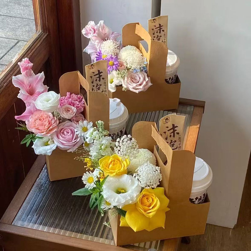 【花喜爱】彩色奶茶盒青花手提袋插花盒花艺鲜花包装盒花店材料