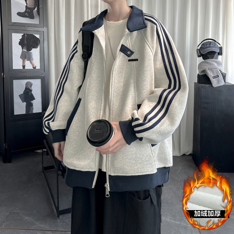 三条杠翻领开衫卫衣男秋季新款宽松休闲运动外套潮牌大码拉链上衣