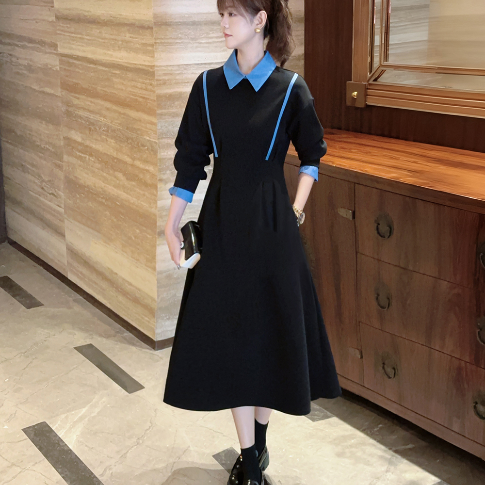 新款牛仔假两件翻领黑色高级感秋冬连衣裙女2025显瘦气质休闲长裙