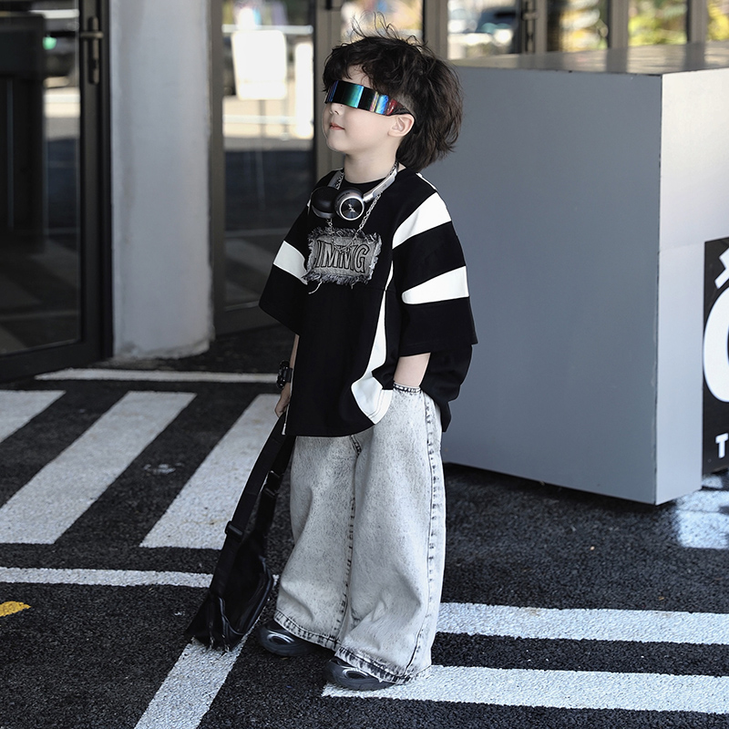 【现货】Jimmy妈童装非黑即白夏季新款儿童黑白拼接胸前刺绣短袖T恤