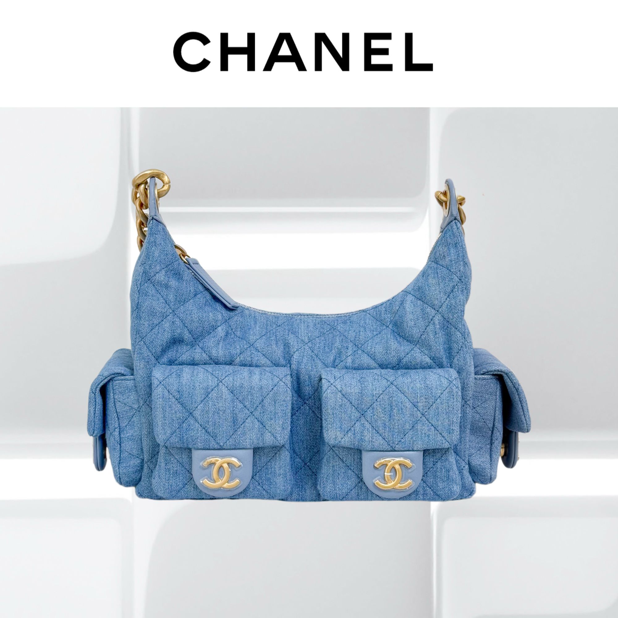 99新 Chanel/香奈儿 25C hobo 蓝色 金扣 菱格纹 链条包