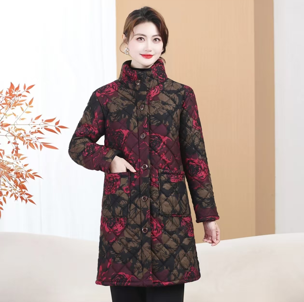 中老年气质女装冬季民族风立领外套加绒加厚保暖锁温时尚妈妈装