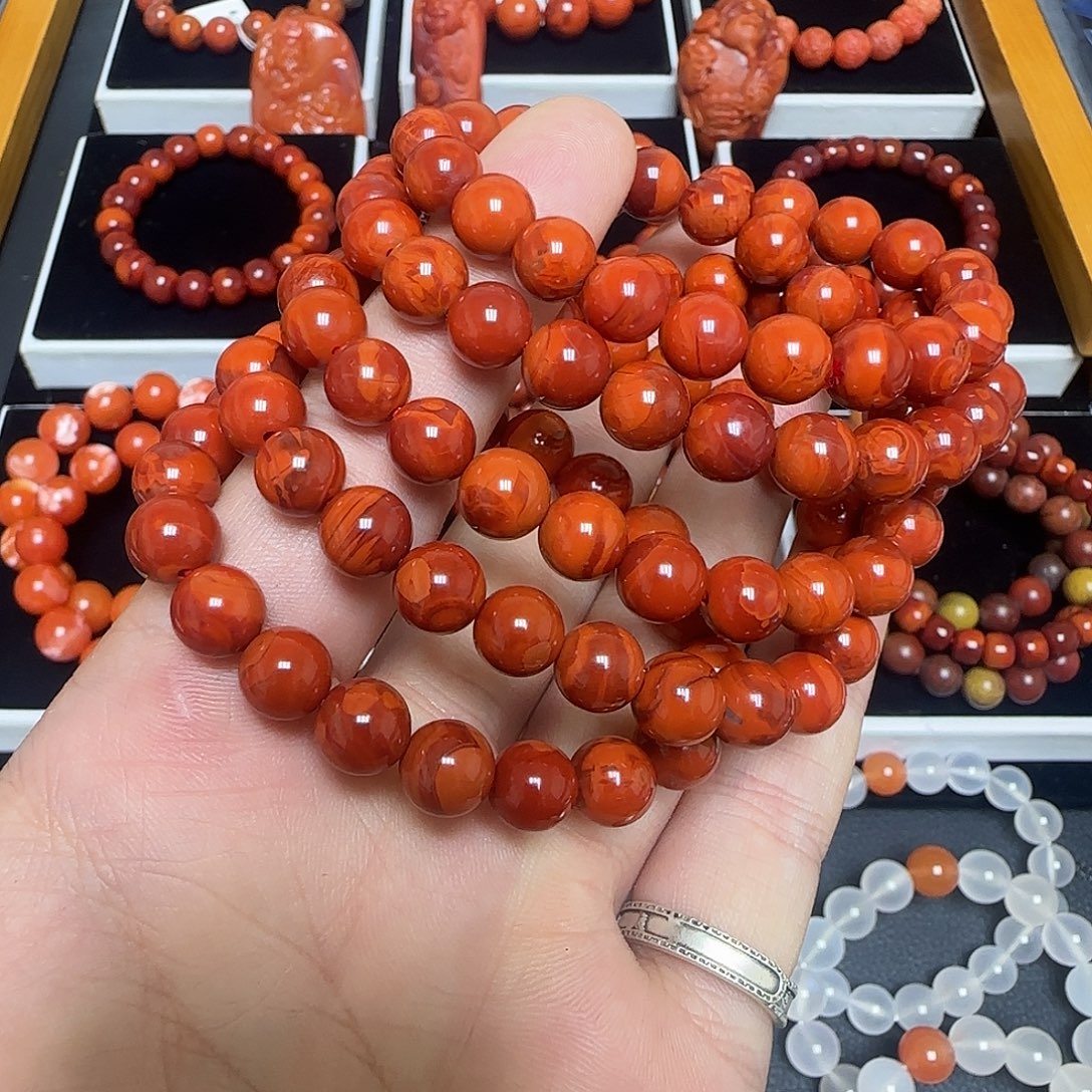 南红玛瑙未镶嵌川料瓦西满色满肉火焰纹108多圈8.9mm97.5g