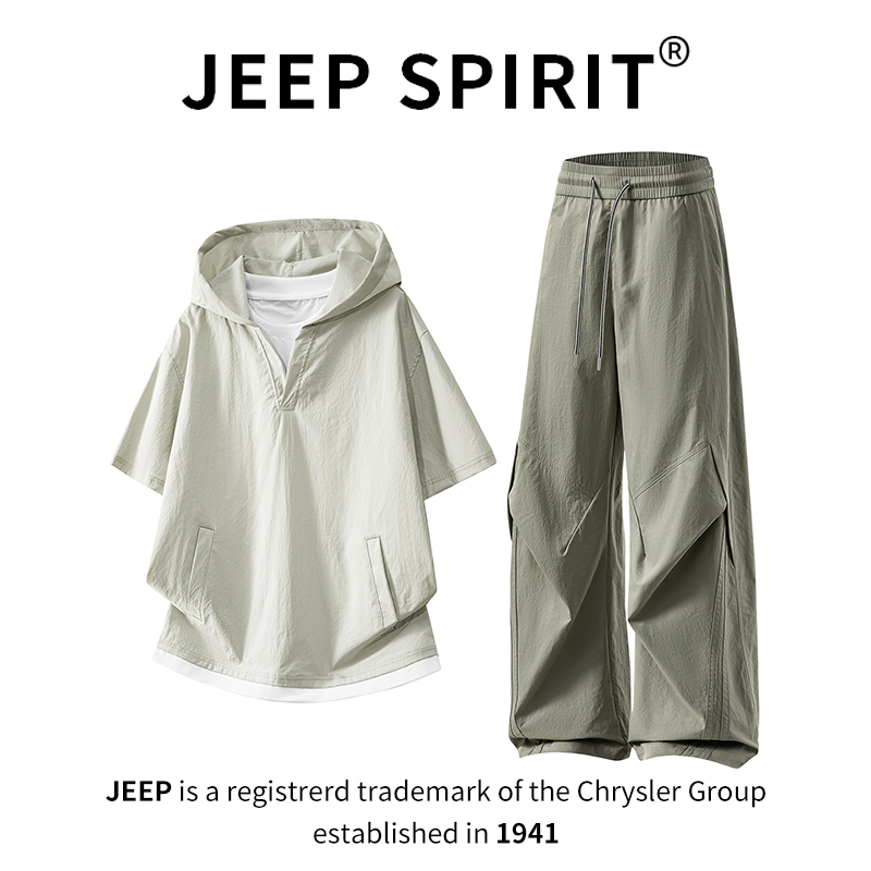 JEEPSPIRIT吉普连帽短袖长裤套装男休闲运动夏季薄款宽松运动搭配