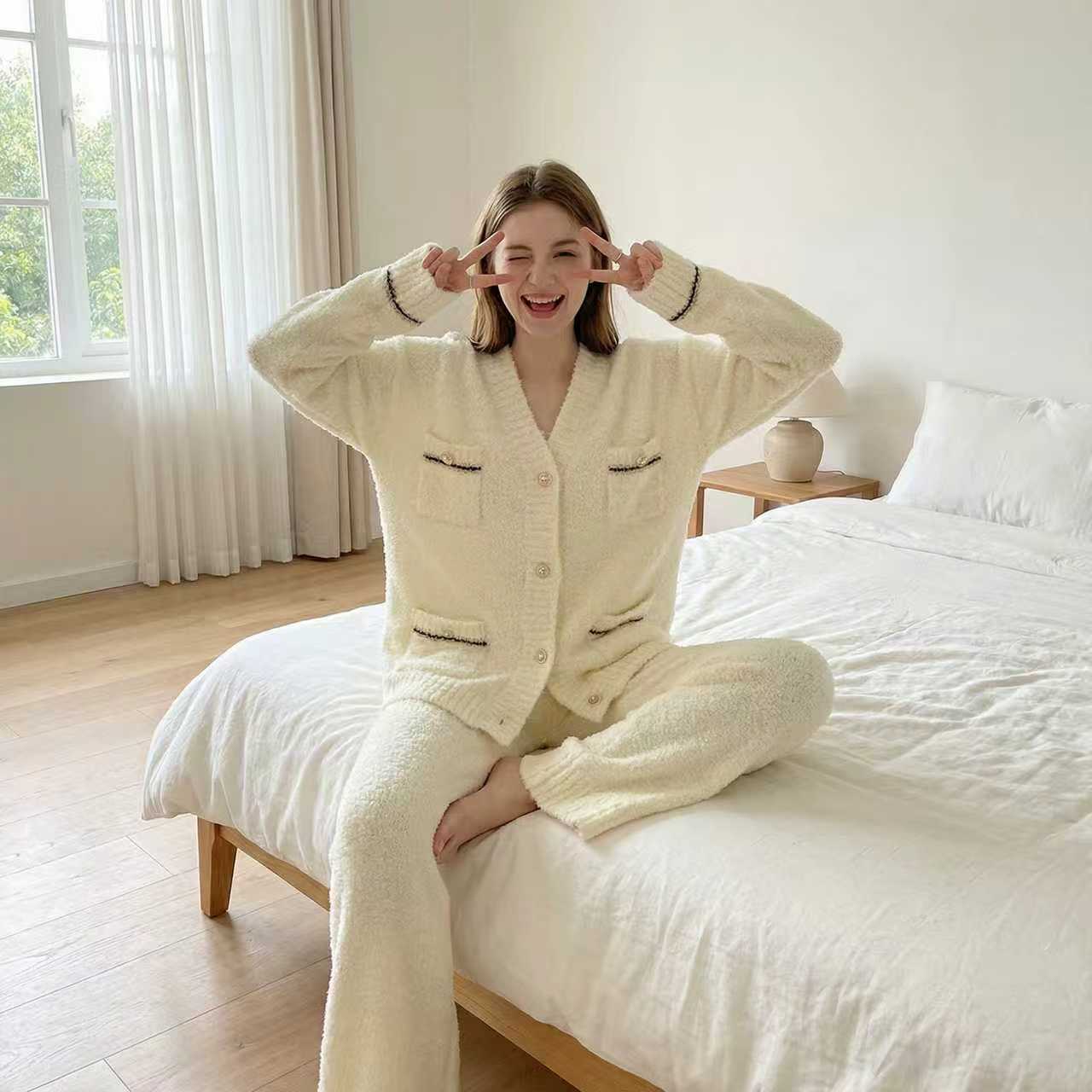 莫里伊【奶白小香风开衫】小众时尚设计休闲可外穿保暖睡衣家居服