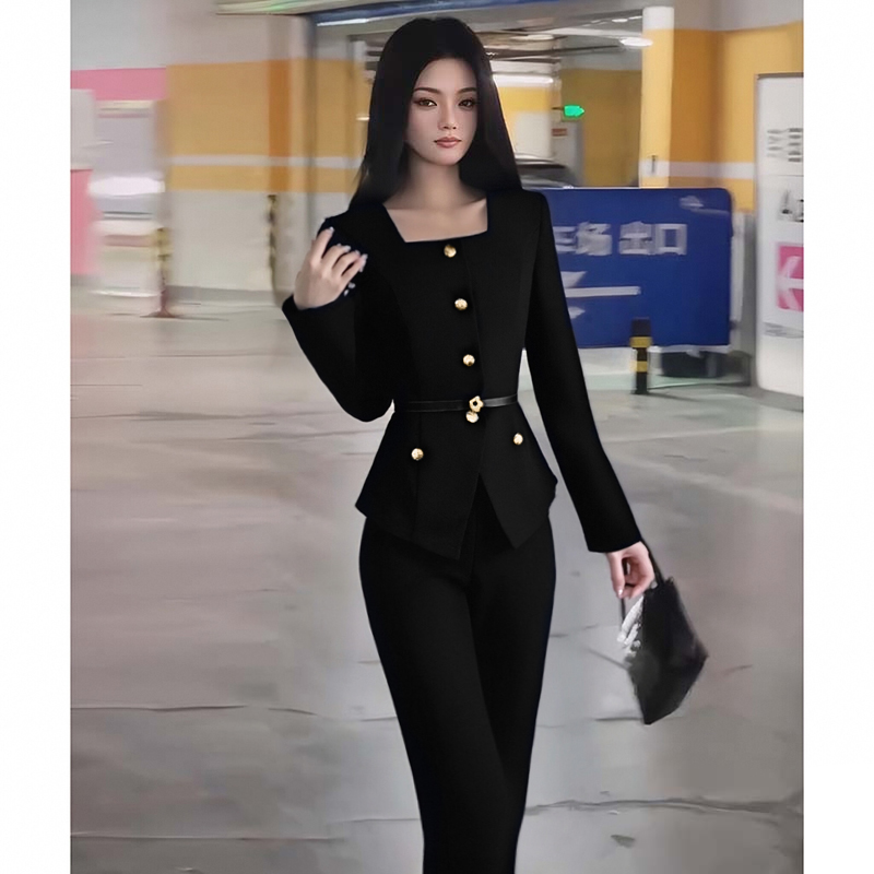 【两件套】套装女春秋新款小香风收腰外套高腰长裤两件套潮D3758