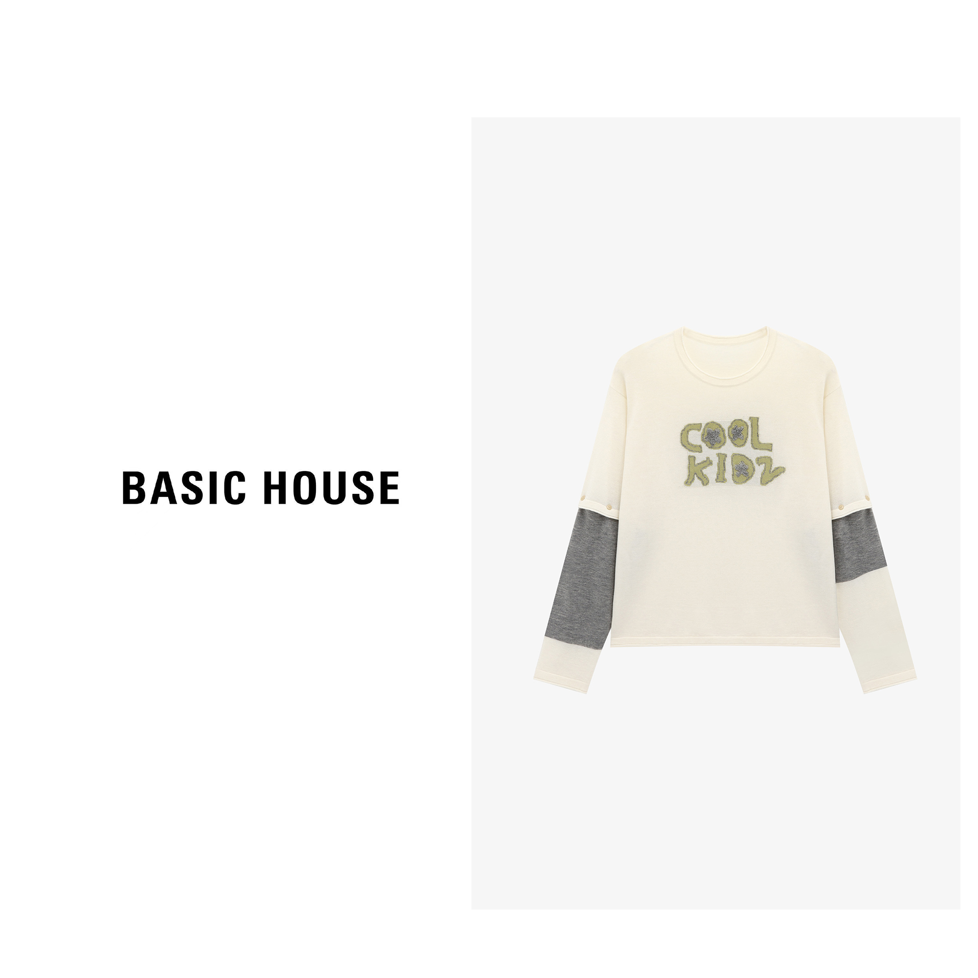 Basic House/百家好新款撞色拼接长袖休闲女装针织衫-B0625B5HTE2