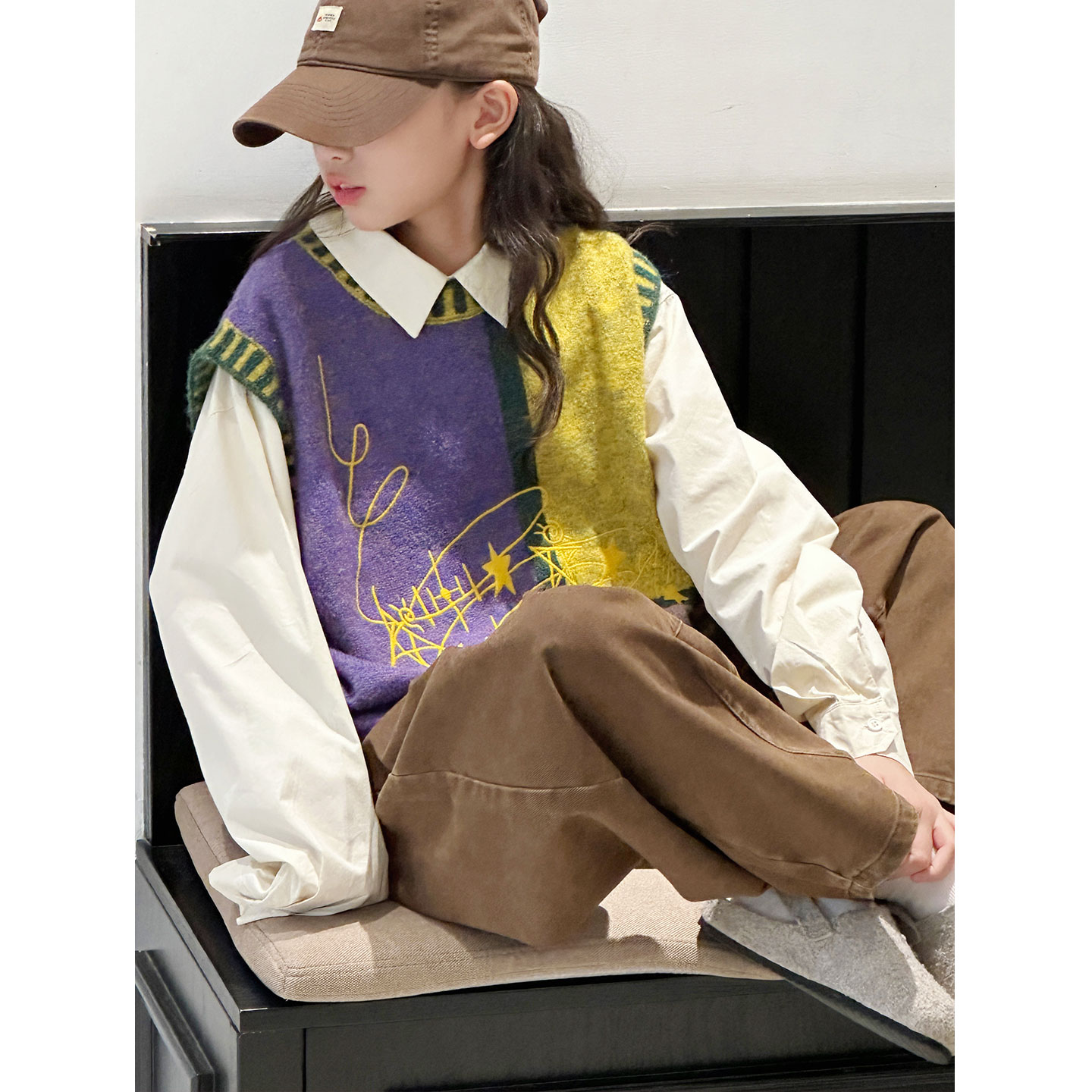 K29653孙小美复古撞色女童毛衣背心2025秋新款儿童针织衫秋冬上衣