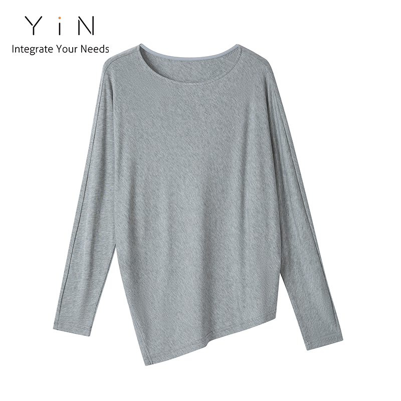 YiN  莱赛尔斜开叉简约设计慵懒圆领长袖打底TT51T156