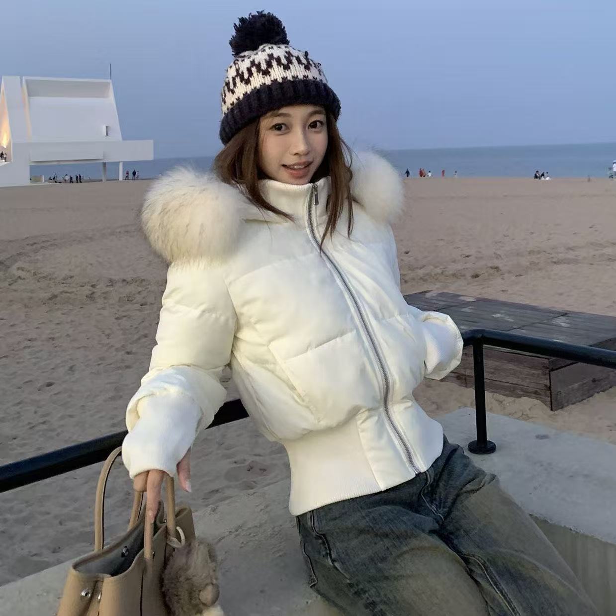 小海鸥爆款修身大毛领短款棉服女冬季新款连帽收腰显瘦棉衣外套潮