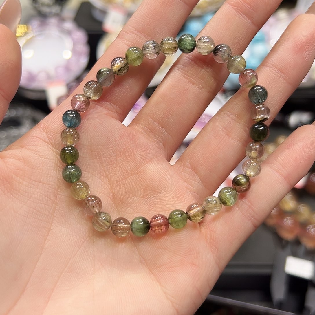 甜***柚手链未镶嵌碧玺sg9老矿彩虹碧玺6mm