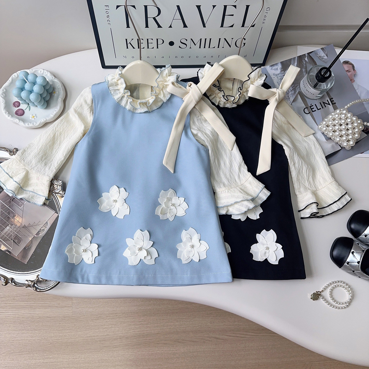 女童春秋季新款小花无袖连衣裙打底衫两件套可拆卸蝴蝶结CM0728