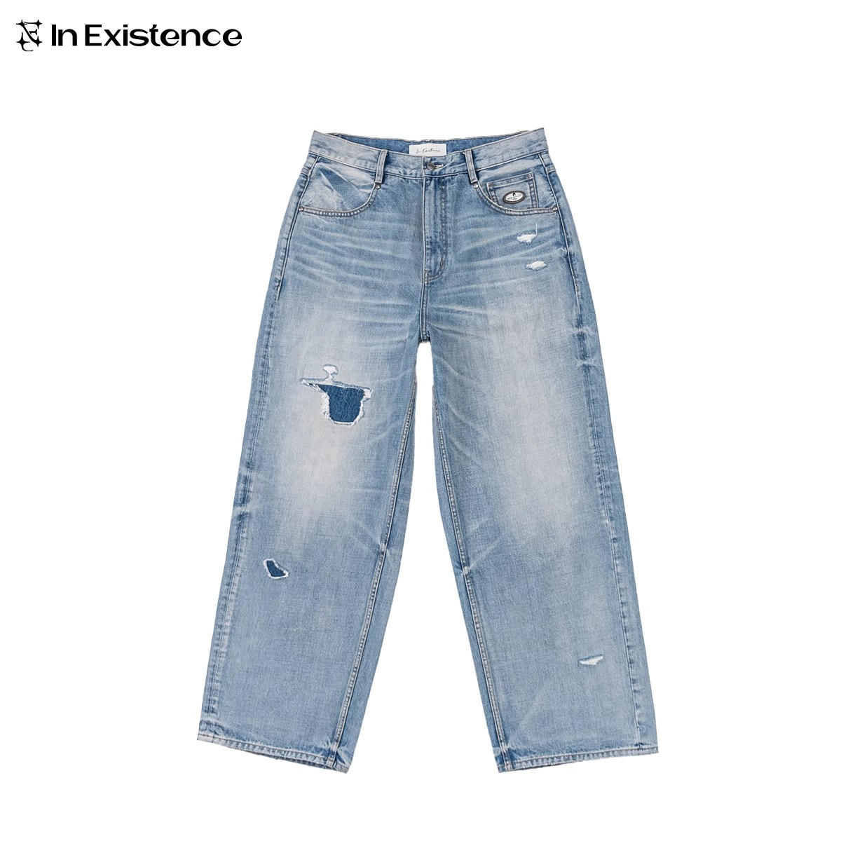 IN EXISTENCE25SS 水洗破坏补丁立体压皱鬼爪廓形冰蓝牛仔裤