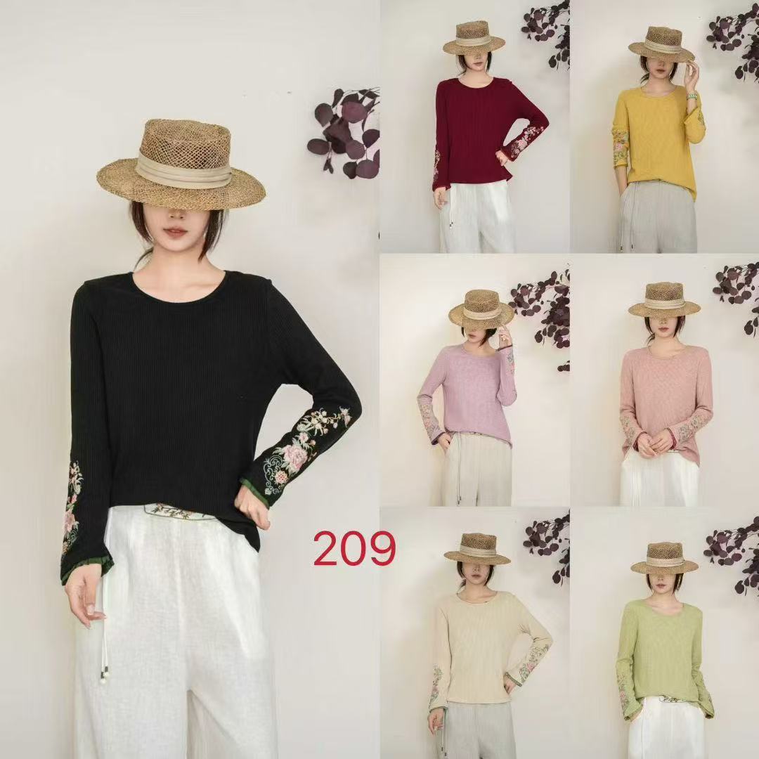 正品朵兹原2025秋季新款新中式国风圆领刺绣花打底衫女百搭上衣女