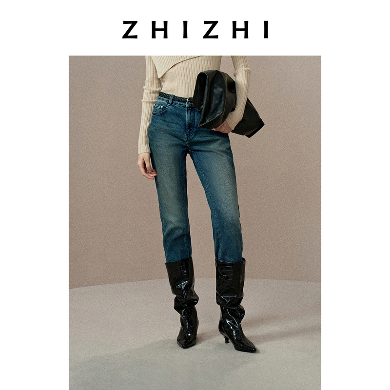 致知 红窗月 复古蓝色斜纹直筒小脚牛仔裤女百搭25冬ZZ2EWNHW003