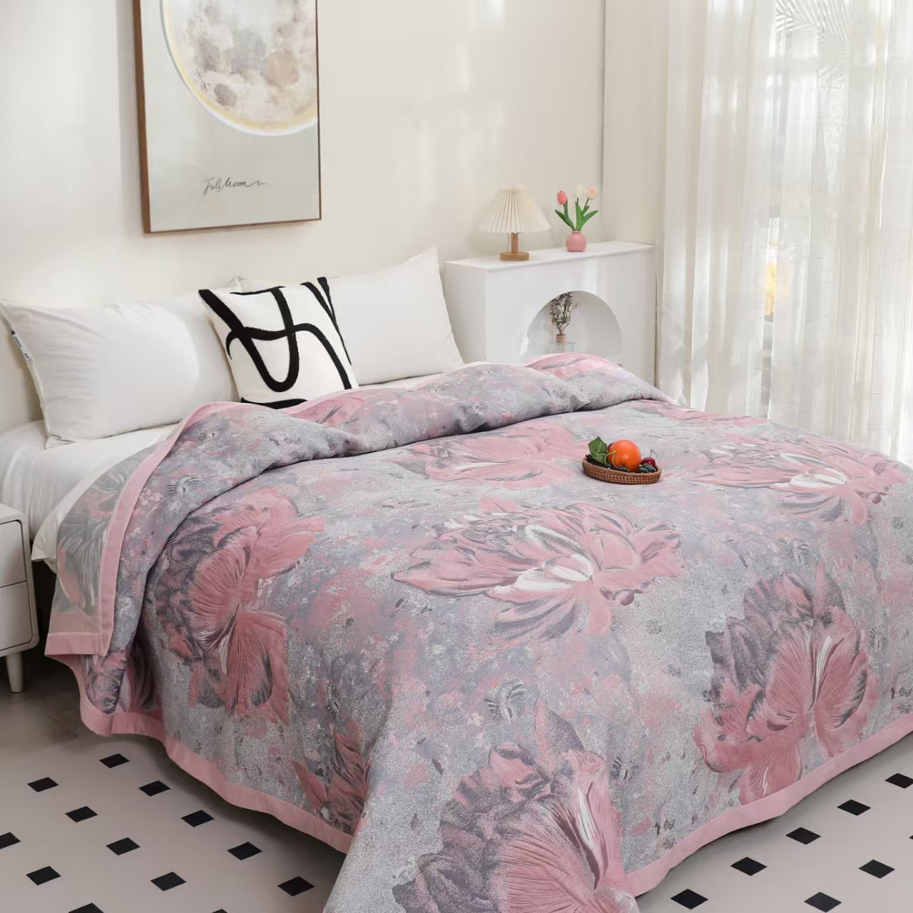 W【床盖-加大轻云蔽月-粉】230*250cm轻奢多功能四季床盖